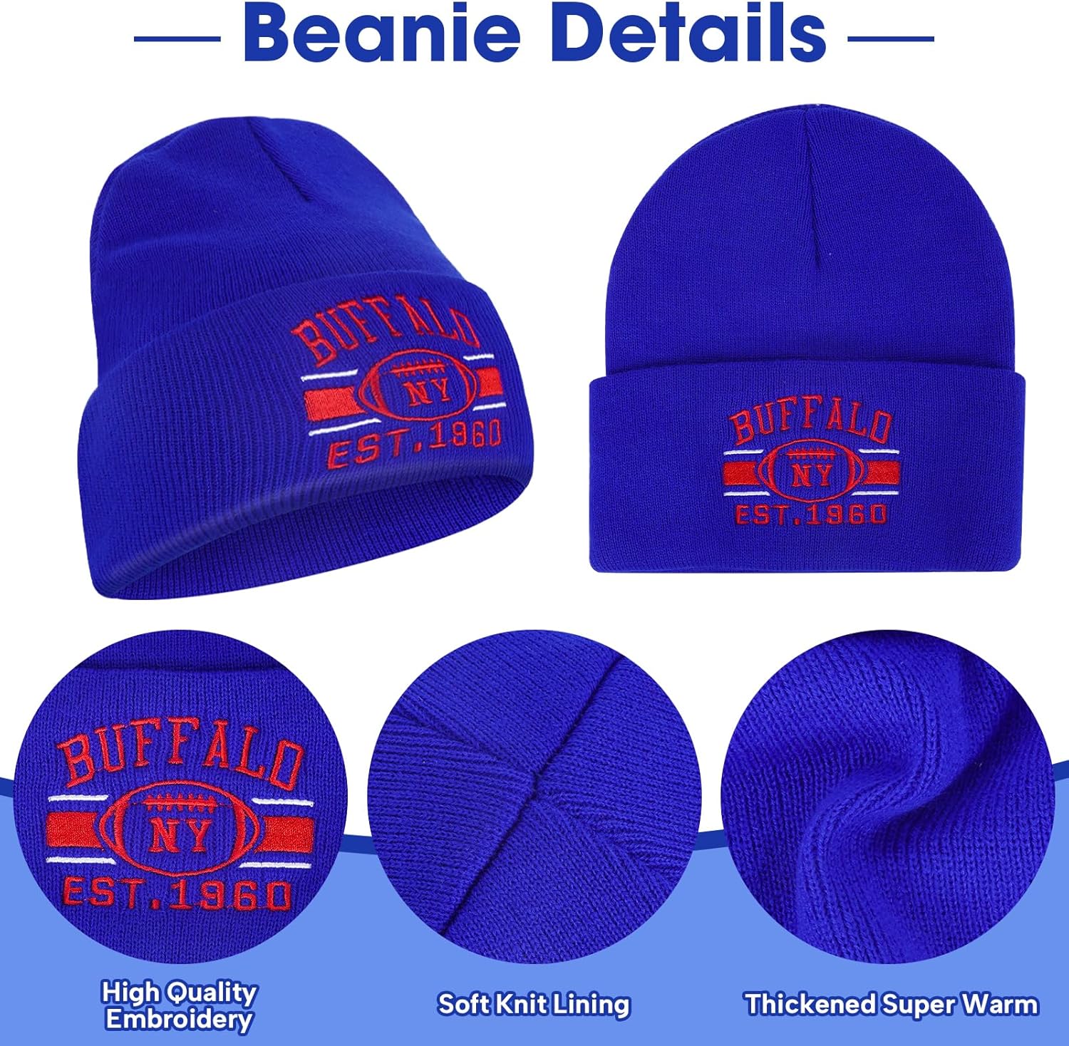 Classic Beanie Hat for Football Fans Embroidered Skull Cap Vintage Cuffed Knit Hat Warm Winter Gloves Gifts for Men Women - Image 2