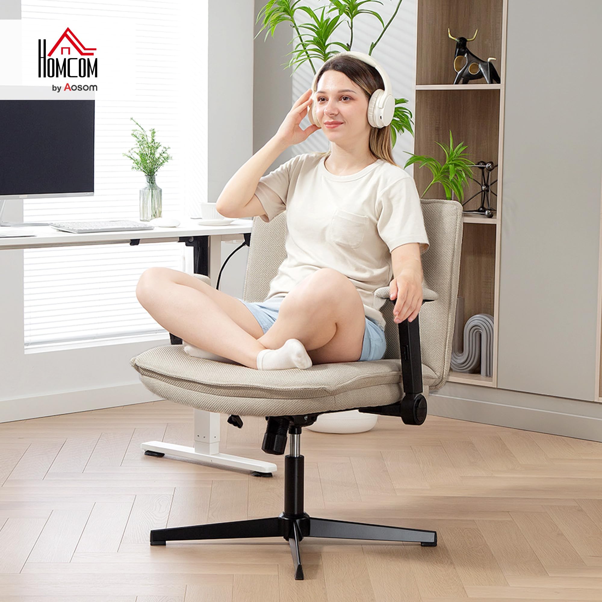 HOMCOM Silla de Oficina Piernas Cruzadas sin Ruedas Crema | Silla Escritorio, Asiento Ancho 63 cm, Reposabrazos Abatible, Altura Ajustable, Giratoria, Función Basculante, Tapizada Lino