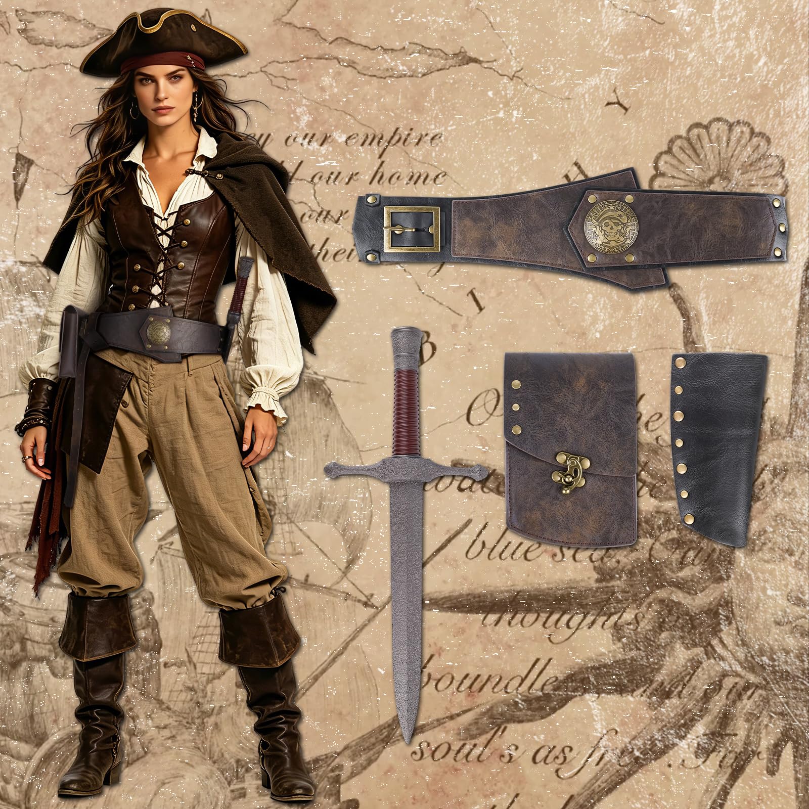HiiFeuer Kostium pirata dla mężczyzn, akcesoria z renesansowym pasem, średniowieczna torebka, sztuczny sztylet i miecz, żaba do Ren Faire LARP, 4 szt