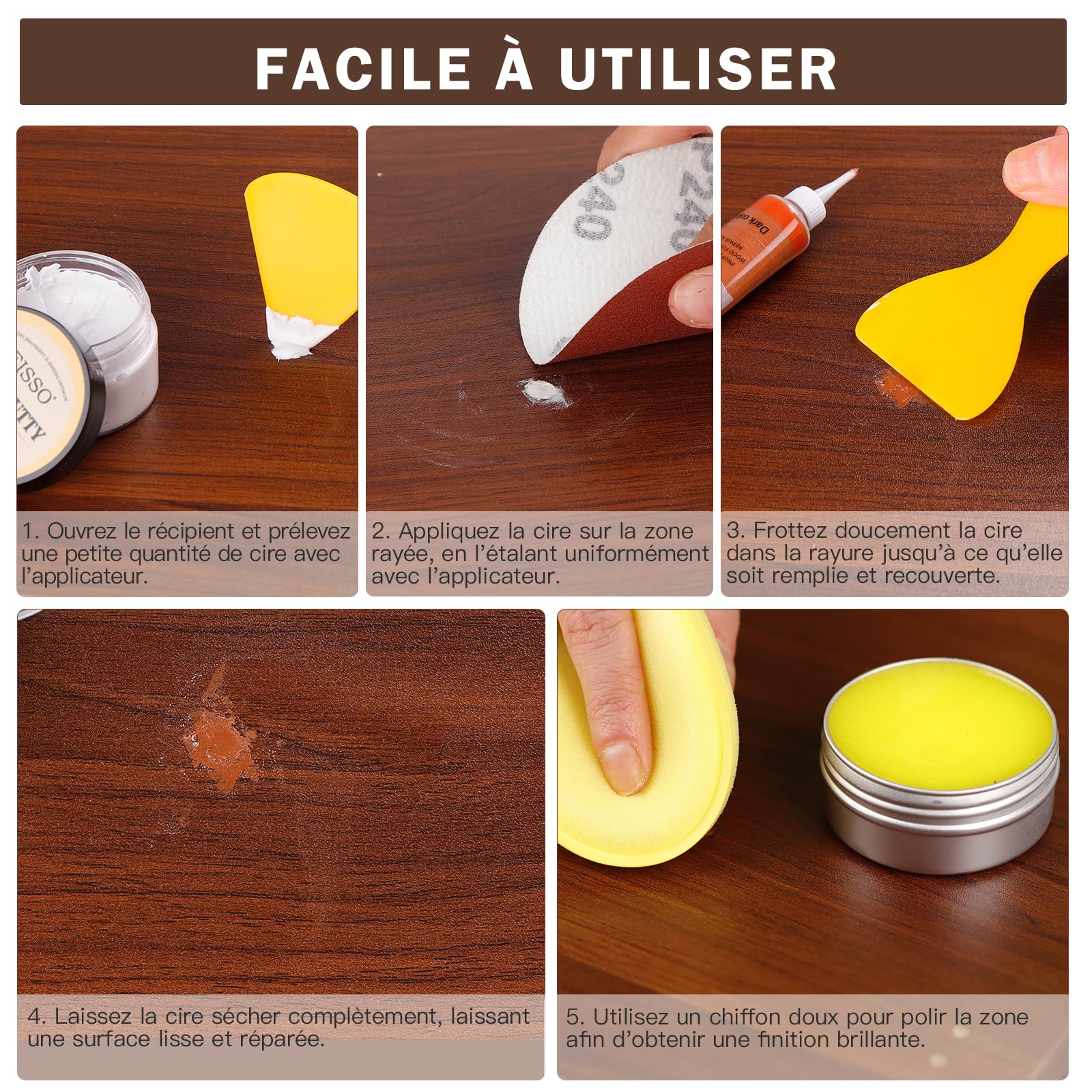 SEISSO Kit de réparation pour stratifié, Mastic pour bois, Kit de réparation pour parquet en bois, Kit de réparation pour meubles pour éraflures, fissures, taches, trous, couleurs passées, etc