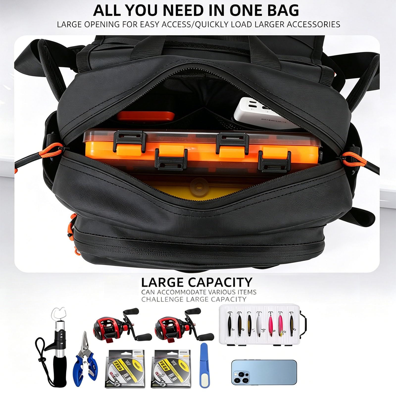 Pettorale da pesca antigraffio a scomparti multipli Resistente agli spruzzi d ' acqua con strisce riflettenti Borsa antigraffio Pettorale a scomparti multipli Zaino antispruzzo con strisce riflettenti