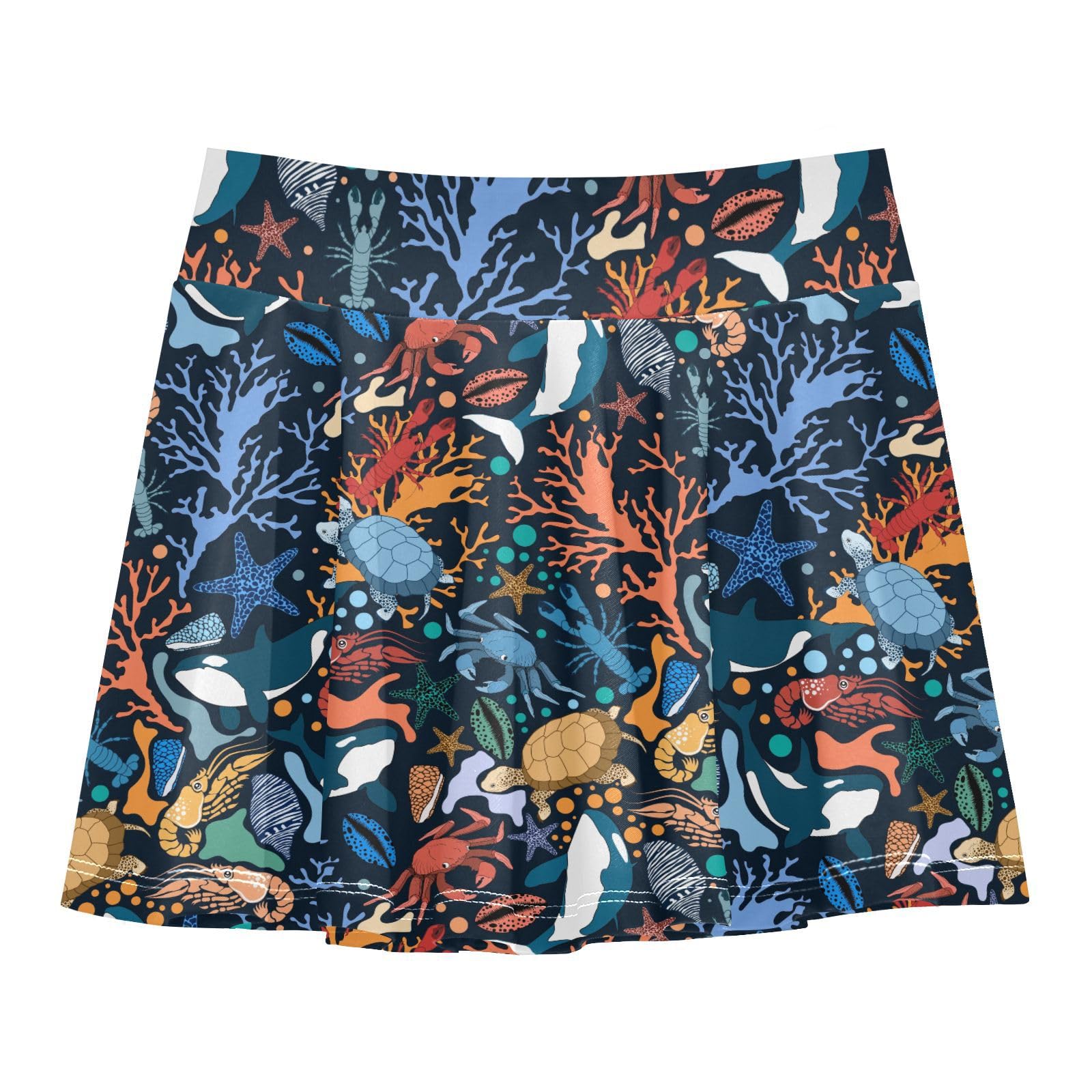 Aflyko Girls Pleated Skater Skirt Summer Turtle Crab Lobster Coral High Waist Cheerleading Dress Dance Skort with Lining Shorts Weekend Date Outfit Short Bottoms, 9-10Y