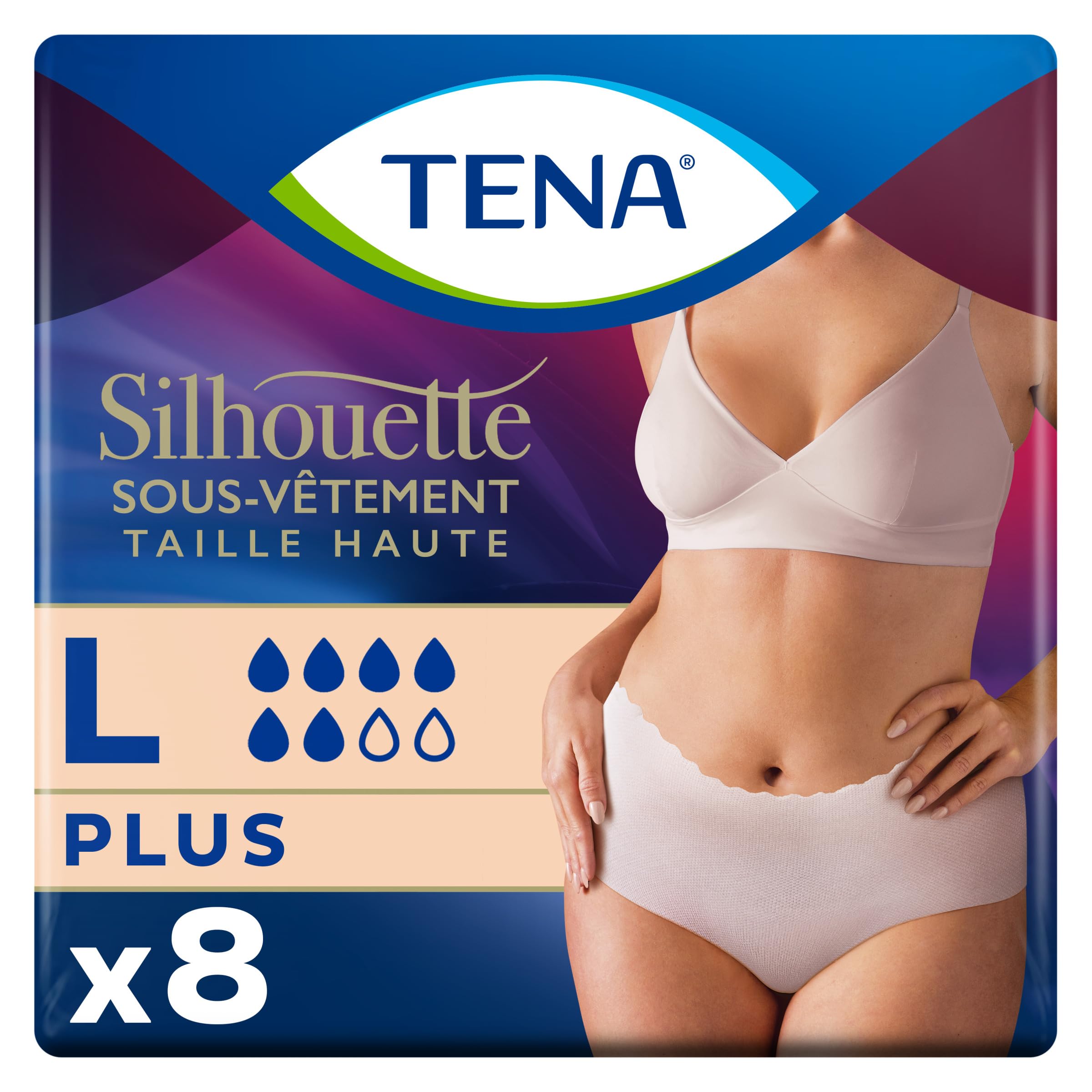 TENA Silhouette Plus Cintura Alta – Ropa interior absorbente desechable Incontinence Femme – Bragas para fugas urinarias moderadas a fuertes – Crema – Talla L – 8 Bragas