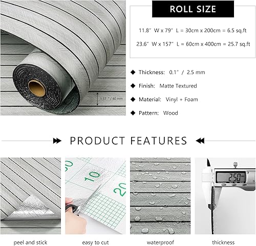 Miniatura 7 de LaCheery Paneles de pared de madera sintética 3D de 23.6 x 157 pulgadas, paneles de madera acanalada gris para despegar y pegar, paneles de pared de