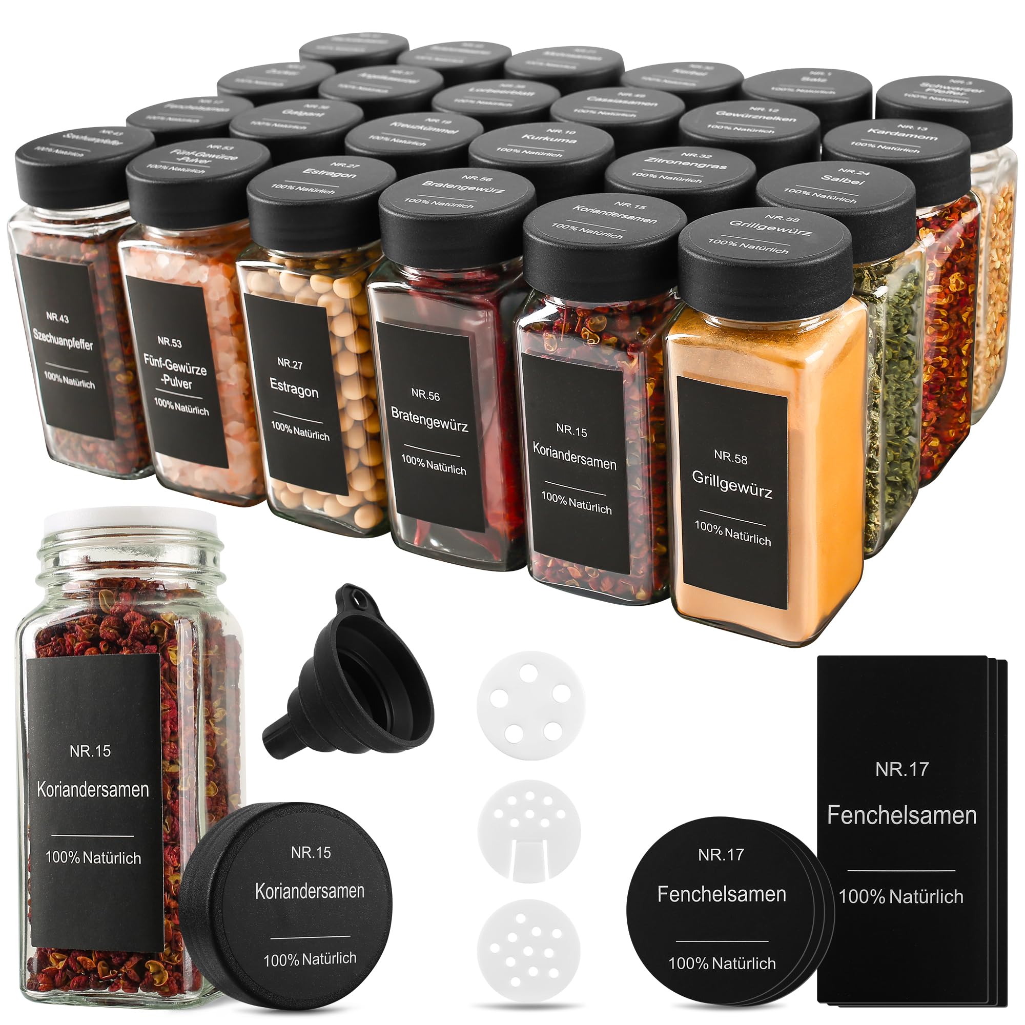 Gewürzgläser Eckig Set 24er - Gewürzdosen Glas 120ml mit Etiketten & Streueinsatz - Gewürzbehälter für Küche Spice Jars Gewürz Organizer mit Deckel