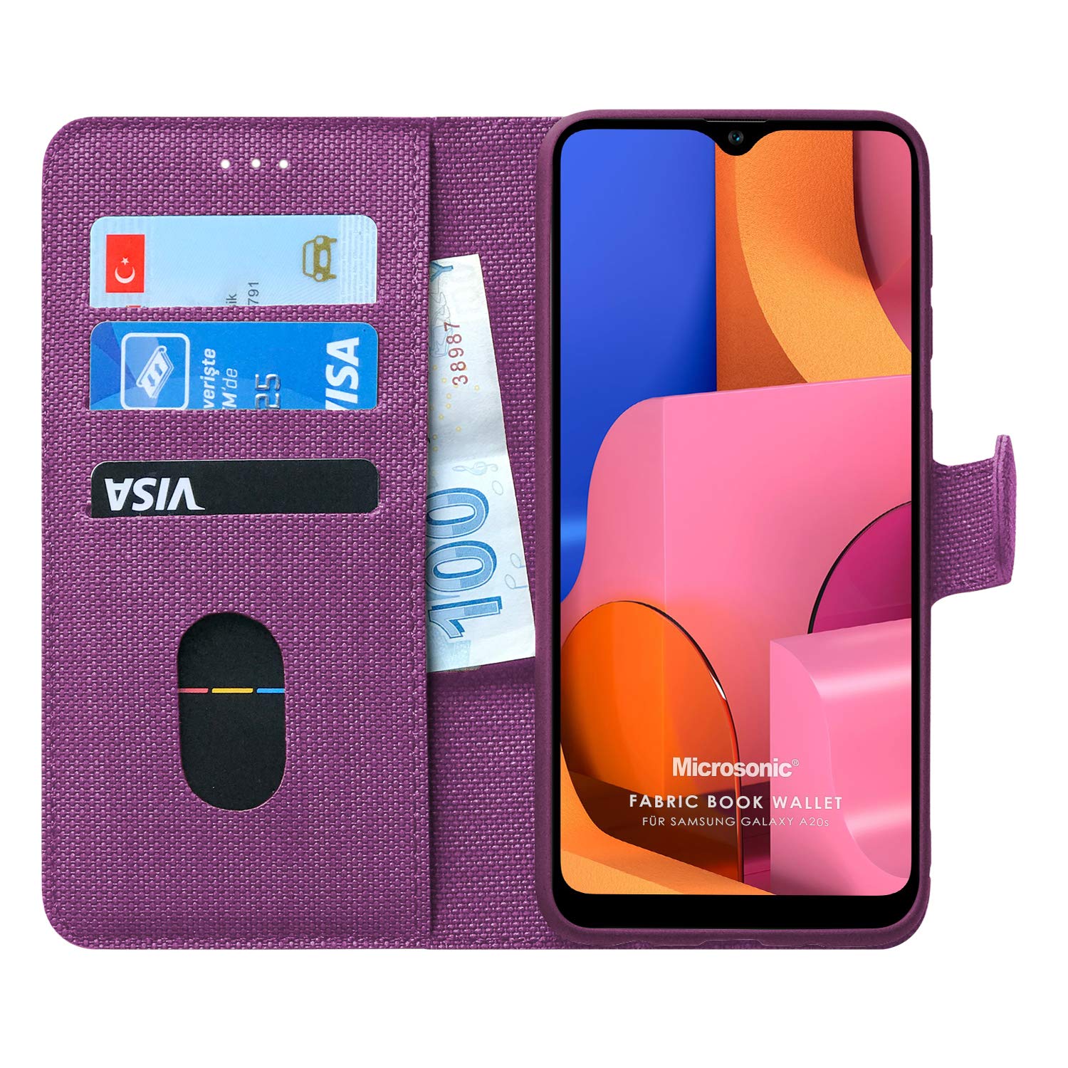 Microsonic Samsung Galaxy A20s için Kılıf Fabric Book Wallet Mor [Galaxy A20s ile Uyumlu Kılıf - Mor]
