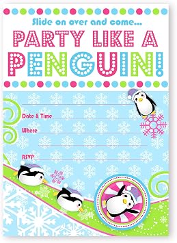 Penguin Party LARGE Invitations - 10 Invitations 10 Envelopes - Pink