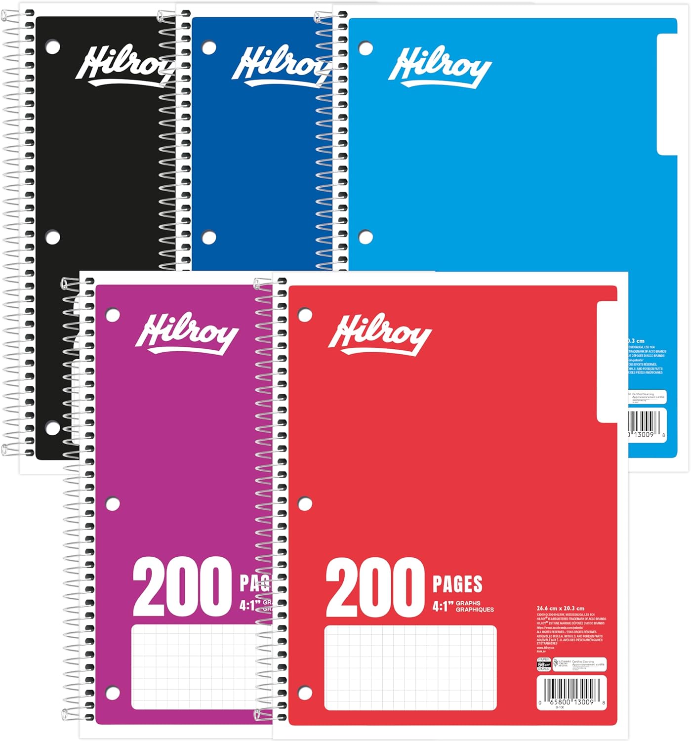 Hilroy 1-Subject Coil Notebook, 8" x 10.5", Quad Ruled, 200 Pages/100 Sheets, 1 Notebook, Colour May Vary (13009)