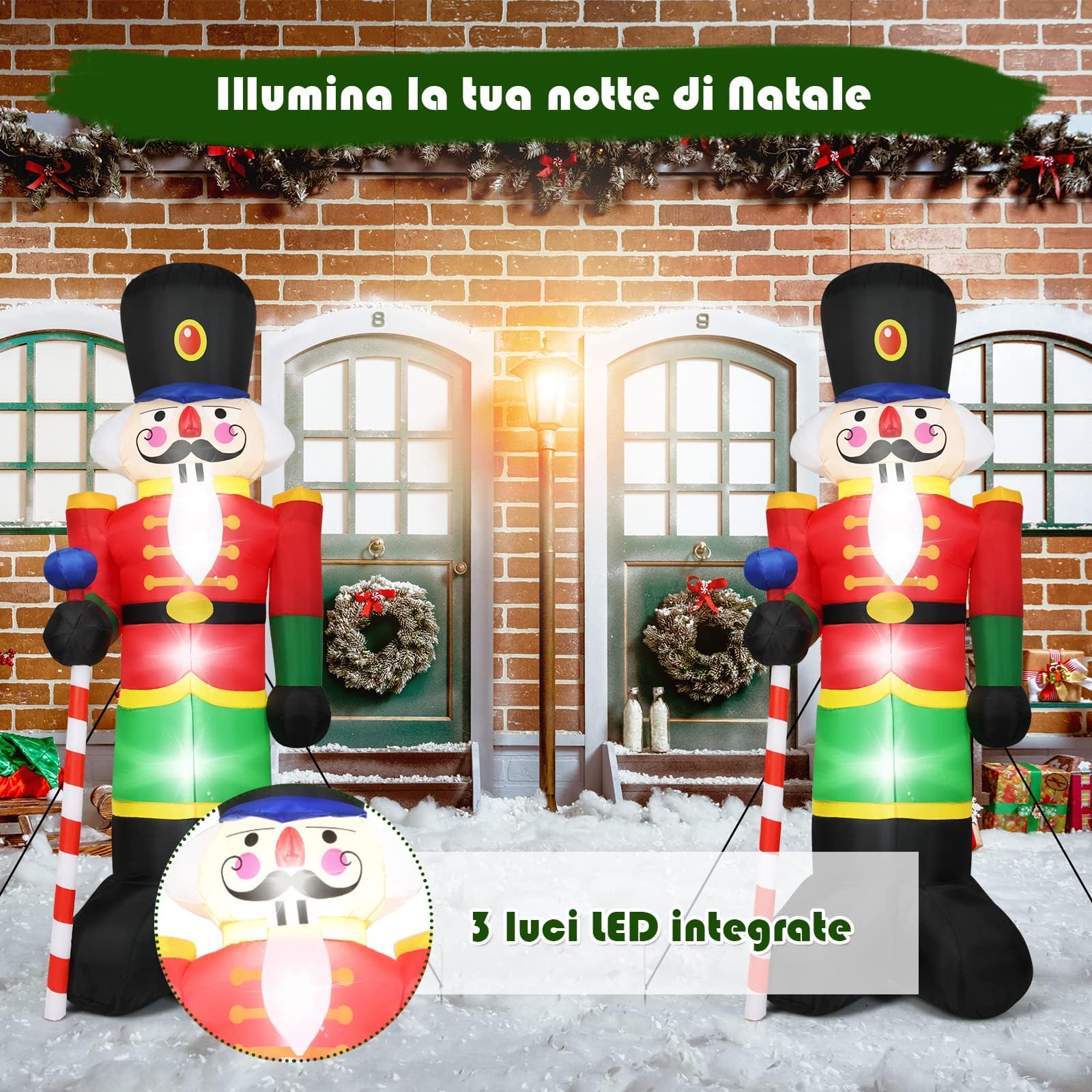 RELAX4LIFE Soldatino Schiaccianoci Gonfiabile con 3 Luci Integrate, Decorazione Natalizia Luminosa per Interni ed Esterni, Schiaccianoci Gonfiabile con Compressore, 2,4m