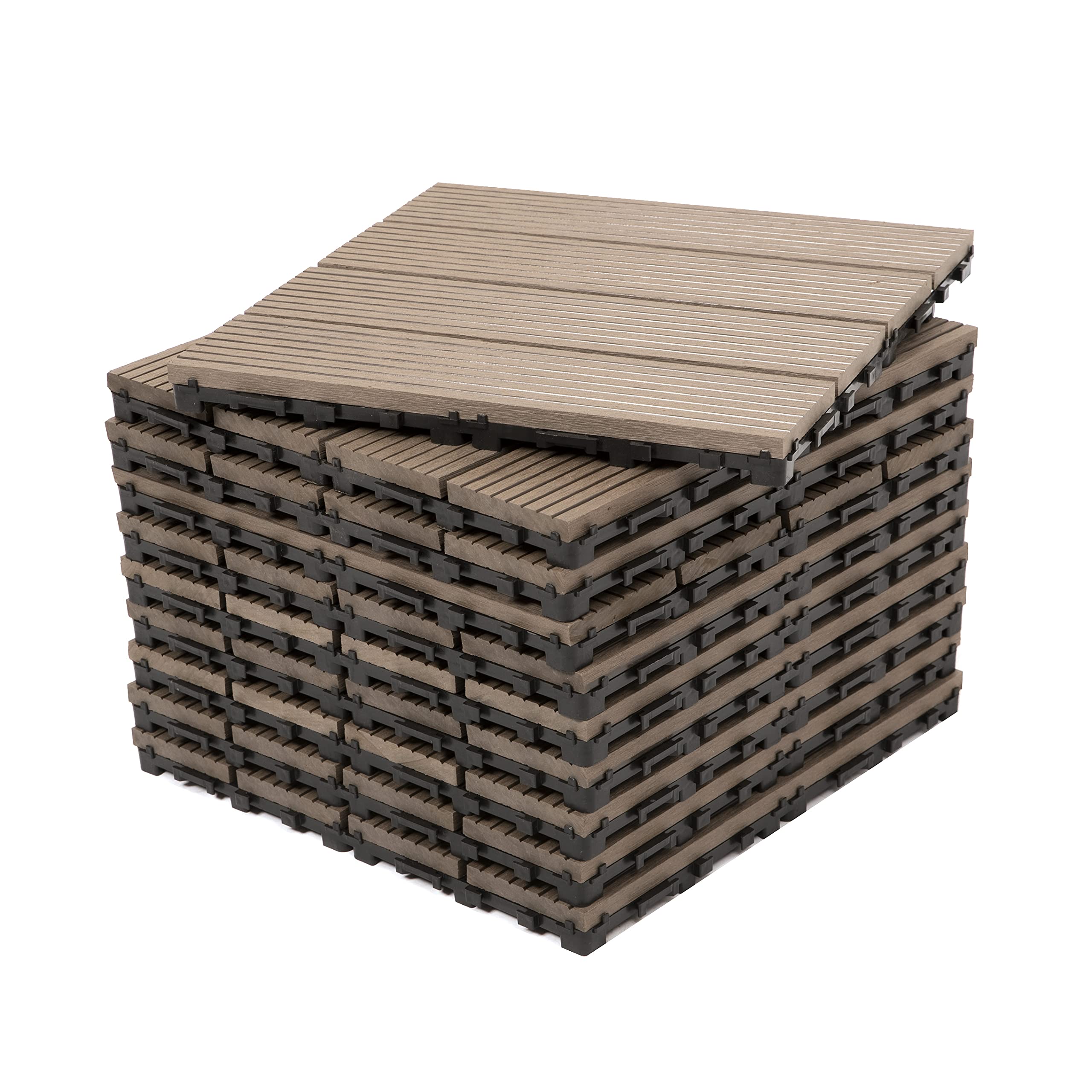 DEKCO Pack of 10 Composite Wood Plastic Decking Interlocking Woodgrain Effect 30cm x 30cm, Brown Decking Tile