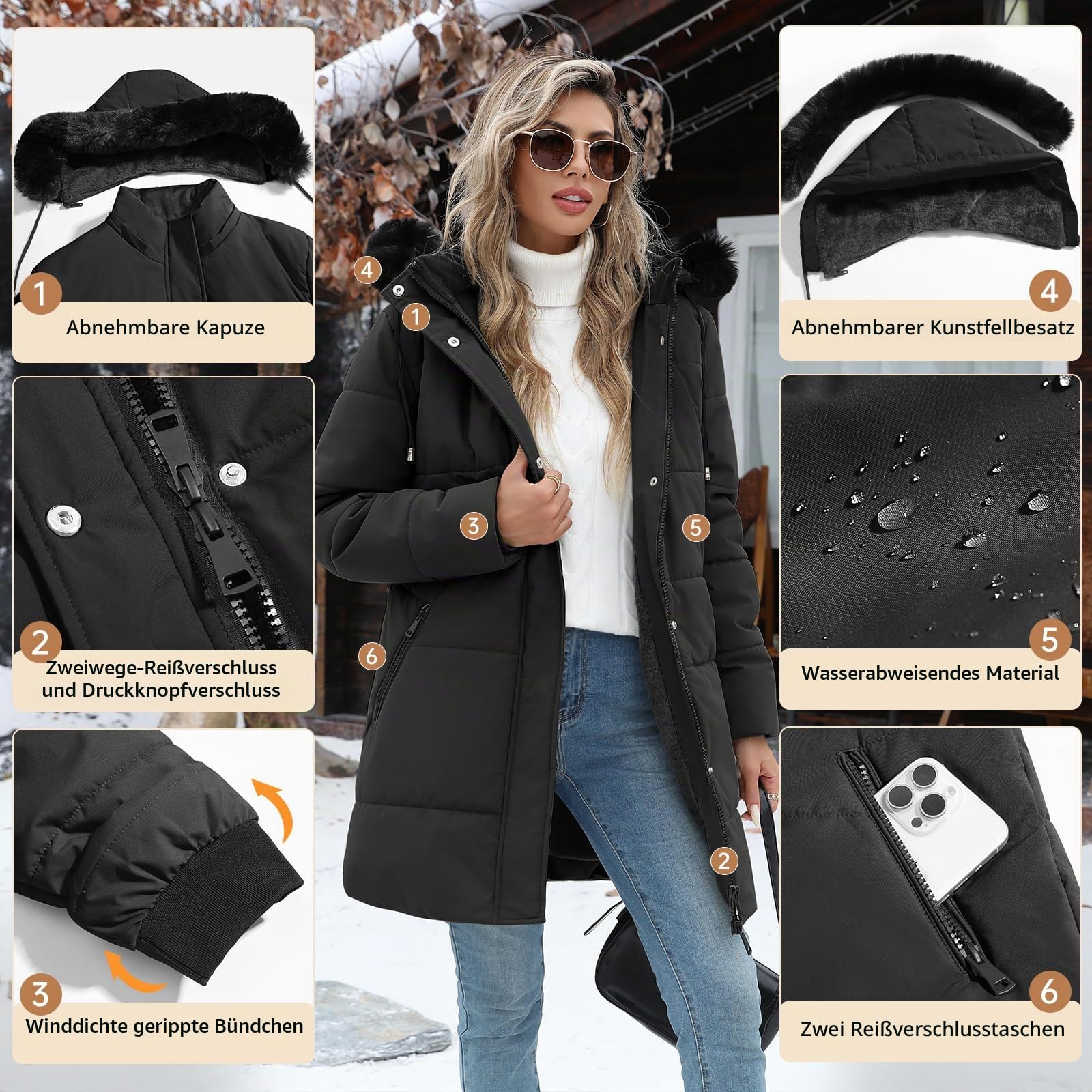 Damen Wintermantel Lang Steppmantel mit Kapuze Winterjacke Warm Parka Damen-Jacken Puffer Mantel Winter Hooded Jacket Kapuzenjacke Winterparka mit Taschen