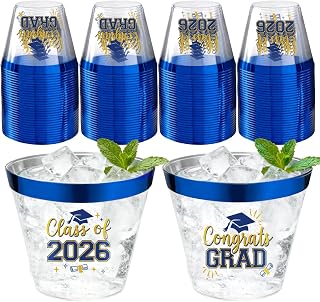 Graduation Cups 2026 Plastic Cups Disposable 9 Oz, 50 PCS Class of 2026 Decoration Cups Blue and Gold Congrats Grad Party Cups, Elegant Drinkware for Grad Festivities Graduation Party Favors