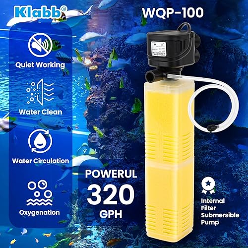 Miniatura 7 de Klabb Filtro de acuario 320 GPH Bomba sumergible interna para tanques de 40 a 150 galones 4 en 1 Filtración bioquímica 3.9 ft Lift Wavemaker y