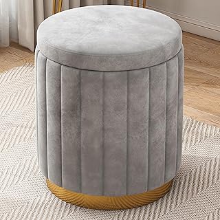 Modern Round Storage Ottoman, Velvet Round Ottoman, Mushroom Stool with Removable Lid, Foot Stools Storage Ottoman, Vanity Chair for Living Room, Bedroom, Makeup Room,gray,storage