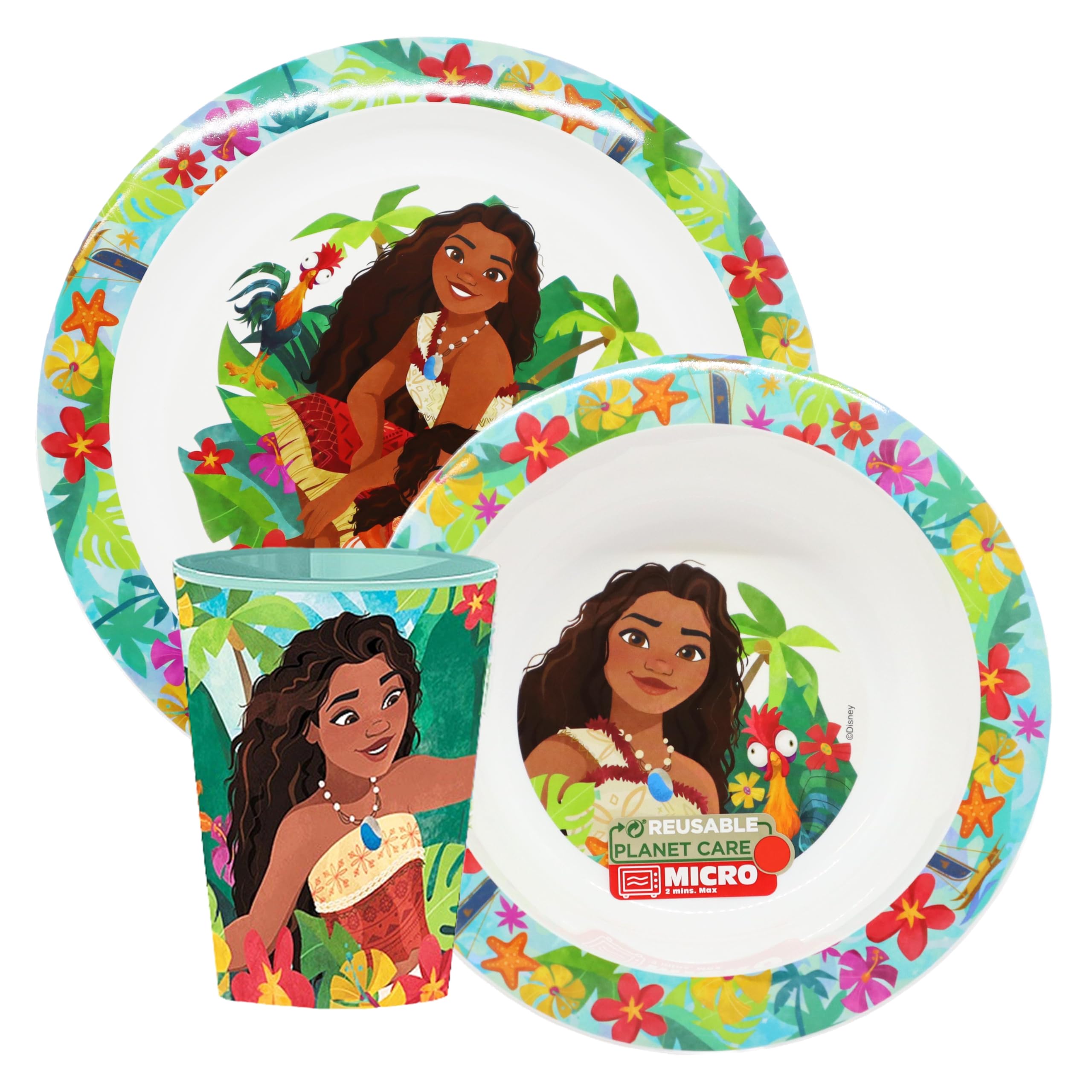 Set Stoviglie riutilizzabili adatte per microonde Vaiana, Piatti in plastica con piatto, ciotola, bicchiere, Set Stoviglie Bimbi in plastica, Vaiana