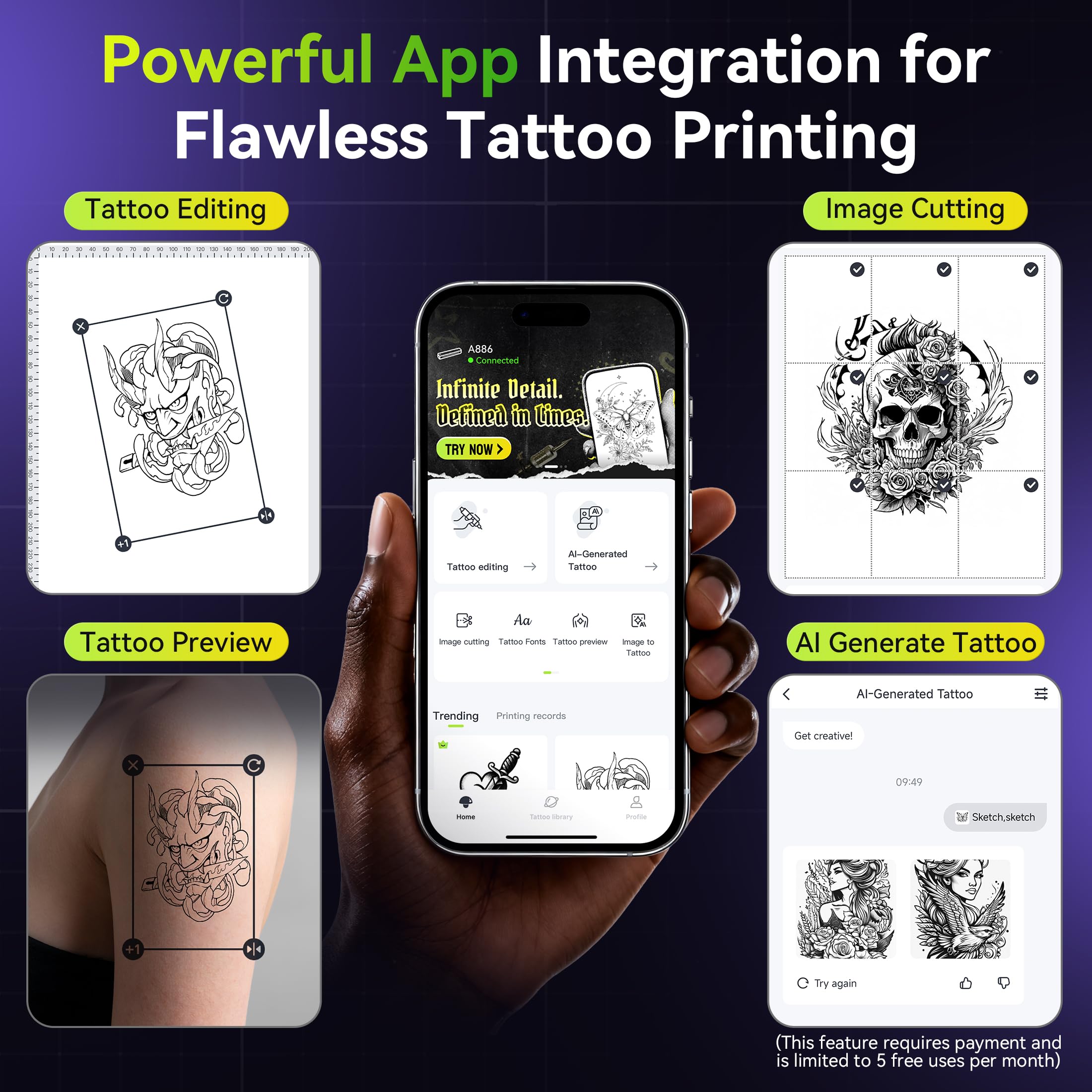 Itari A886 Tattoo Stencil Drucker Bluetooth mit 100 Blätter Papier, Schablone Drucker Übertragungskits für Anfänger und Künstler, Thermodrucker Tattoo Maschine Kompatibel mit Smartphone & PC, Schwarz