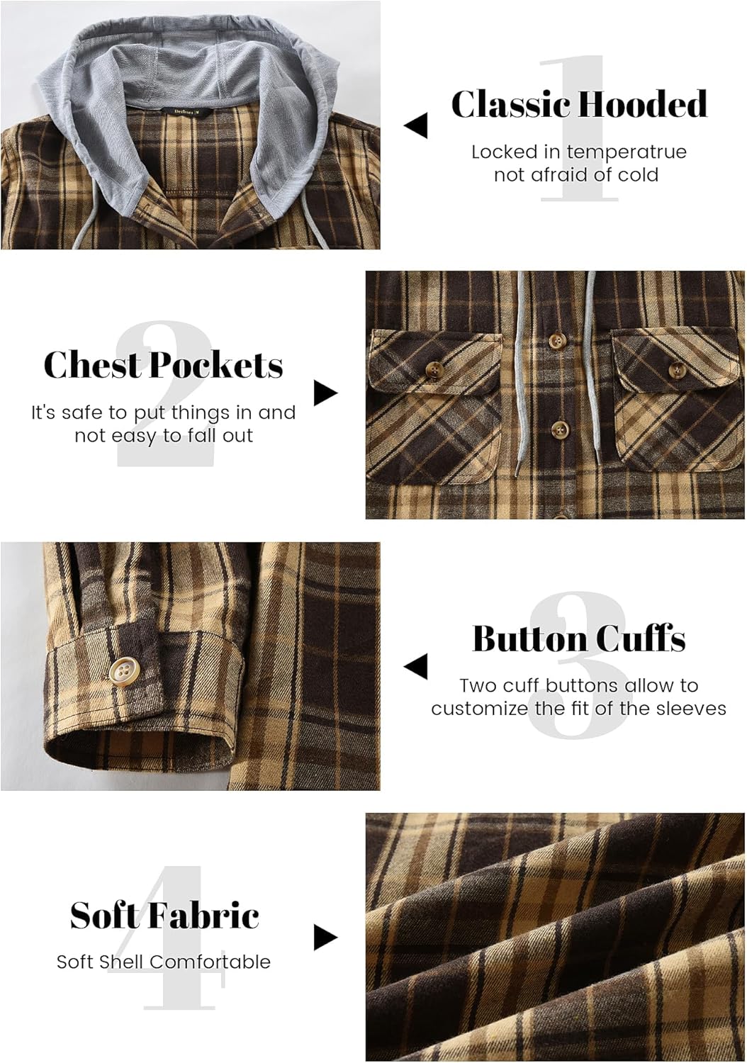 Womens Flannel Hoodie Shirts Long Sleeve Plaid Jacket Casual Cotton Button Down Shirt for Women - Image 4