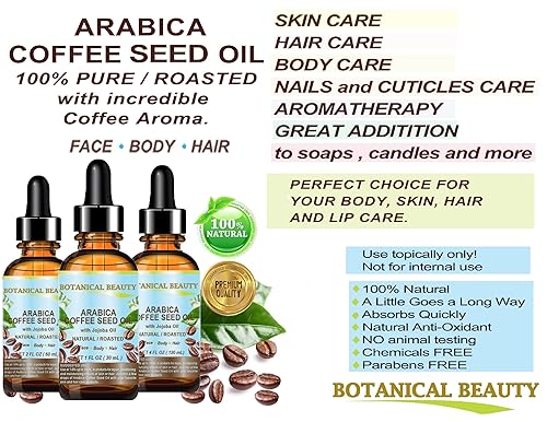 Miniatura 7 de Botanical Beauty ‎ Aceite de semilla de café de arábica 100% puro y natural para rostro, cuerpo y cabello. Reductor de arrugas, antihinchazón,