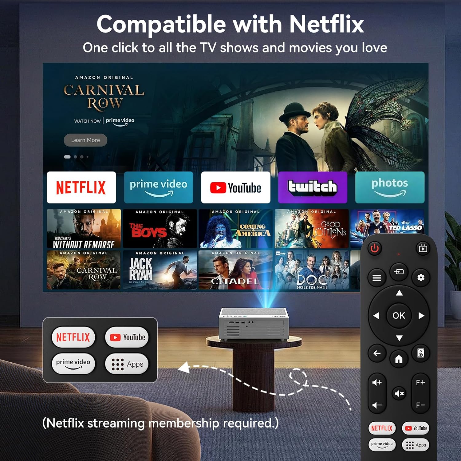 Pericat Smart Projector displaying Netflix and other streaming apps