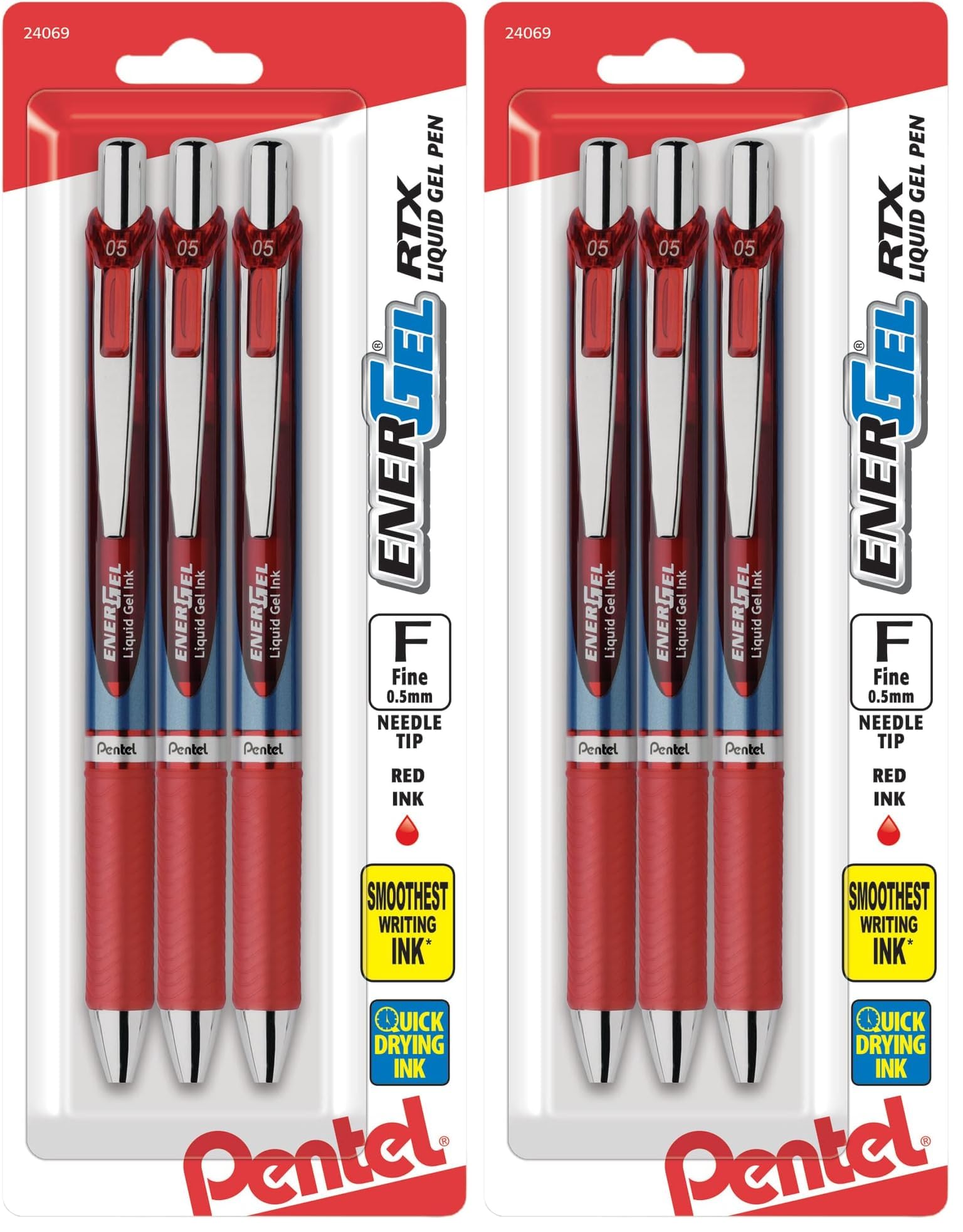 Pentel® EnerGel® RTX Retractable Liquid Gel Pens, Fine Point, 0.5mm, 54% Recycled, Assorted Barrel Colors, Red Ink, Pack Of 6 Pans
