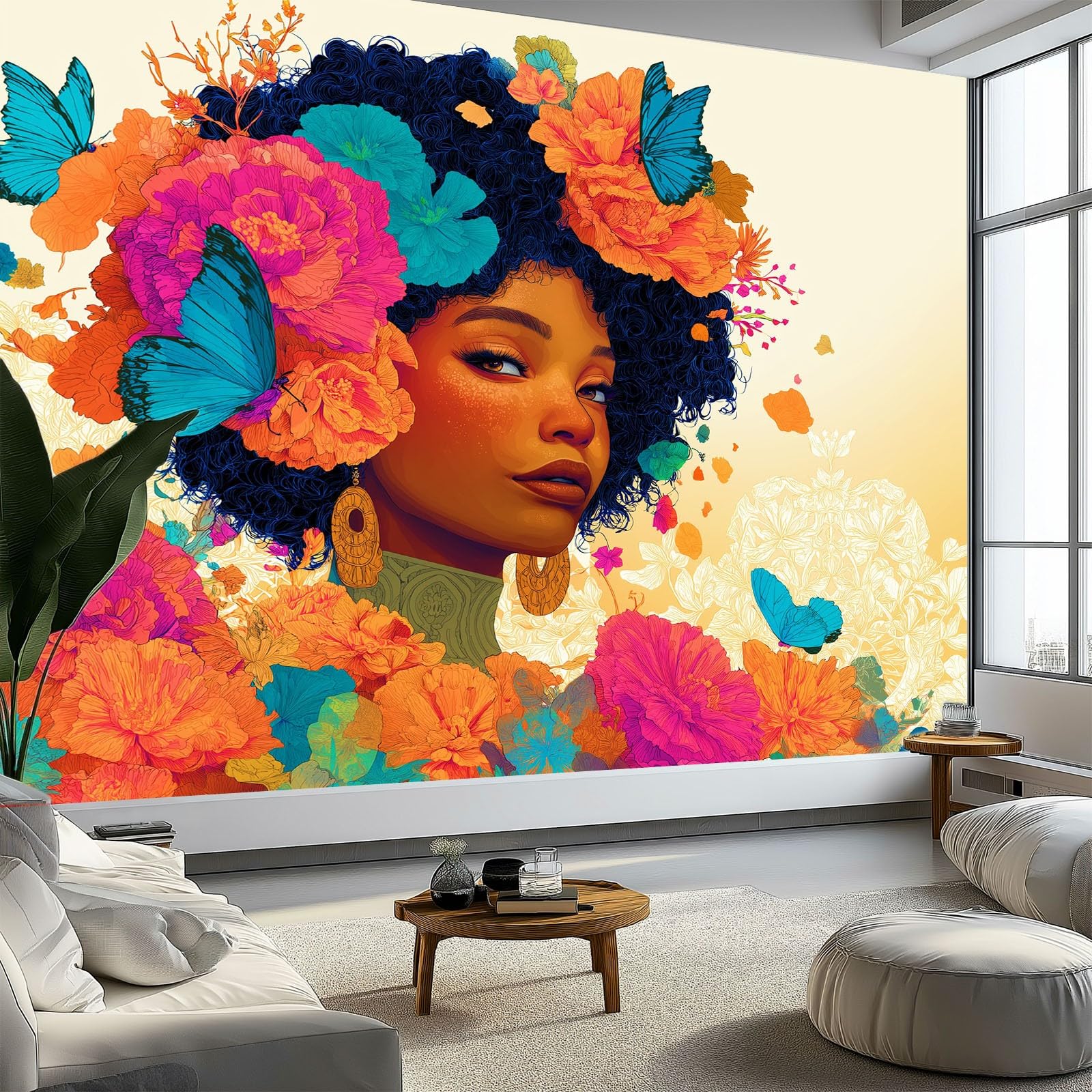 Tradycyjna tapeta z kwiatami motyl sztuka 400 x 280 cm beżowa panoramiczna fototapeta, dekoracje ścienne do sypialni, salonu, pokoju dziecięcego, biura i tła telewizyjnego