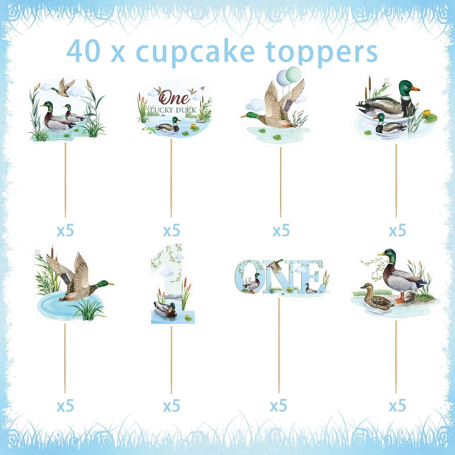 40 Pcs One Lucky Duck Birthday Decorations, 1st Birthday Cupcake Toppers with Mallard Duck Rustic Pond Designs, One Year Old Party Supplies for Boys or Girls (8 Designs)