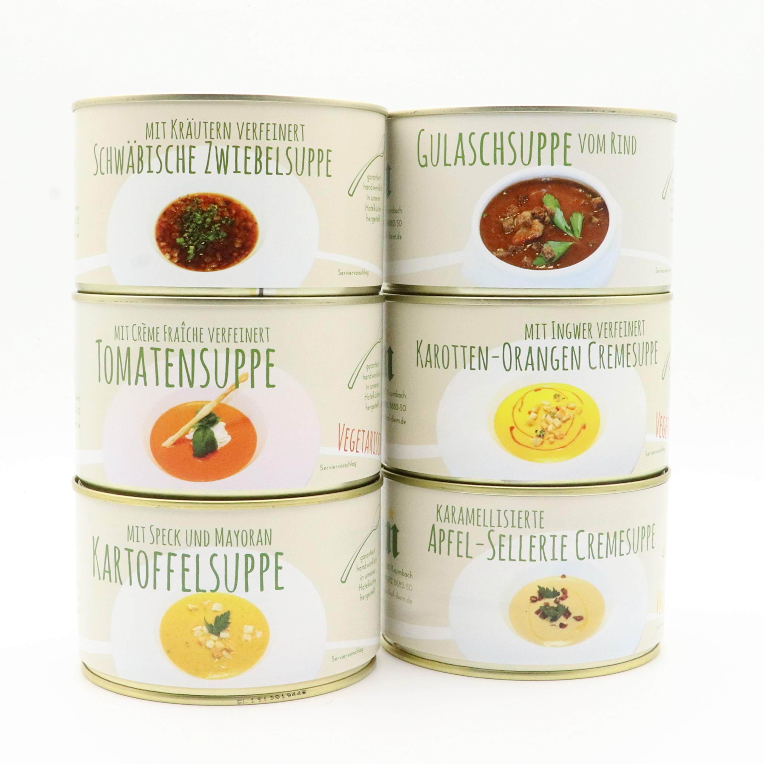 Diem Suppe Paket , Probierpaket - Lieblingssuppe - Apfel Sellerie Suppe, Zwiebelsuppe, Kartoffelsuppe, Karotten Orangen Suppe, Tomatencremesuppe, Gulaschsuppe 6 x 400g Konserve