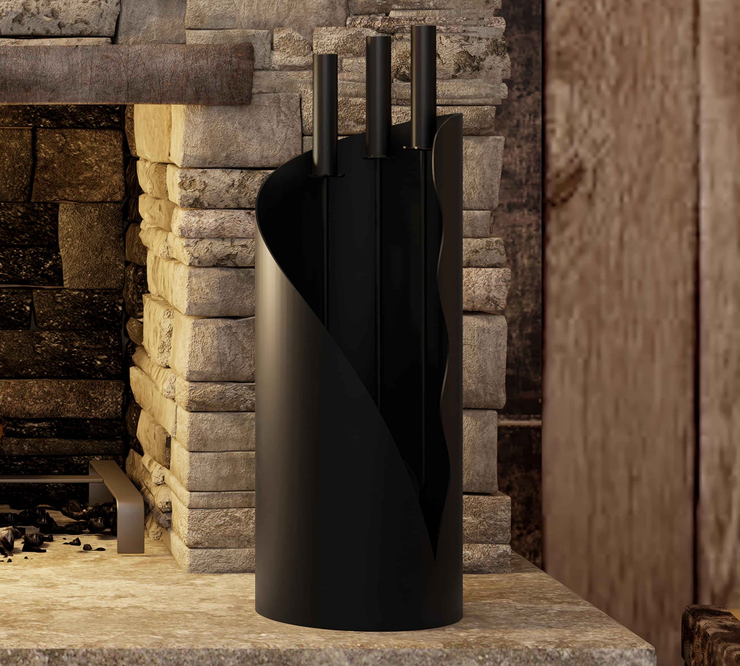 Kingson Juego Moderno de Accesorios para Chimenea con Soporte - 3 Herramientas, Altura de 52,5 cm, Base Cilíndrica de 18 cm, Mangos de Acero Inoxidable Negro - Accesorios para Chimenea, Estufa de Leña