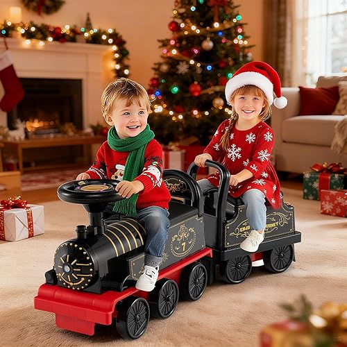 Miniatura 9 de Costzon Tren de paseo de 2 plazas con carruaje, juguete de 6 V con almacenamiento debajo del asiento, reposapiés, silbato de tren, música y luces