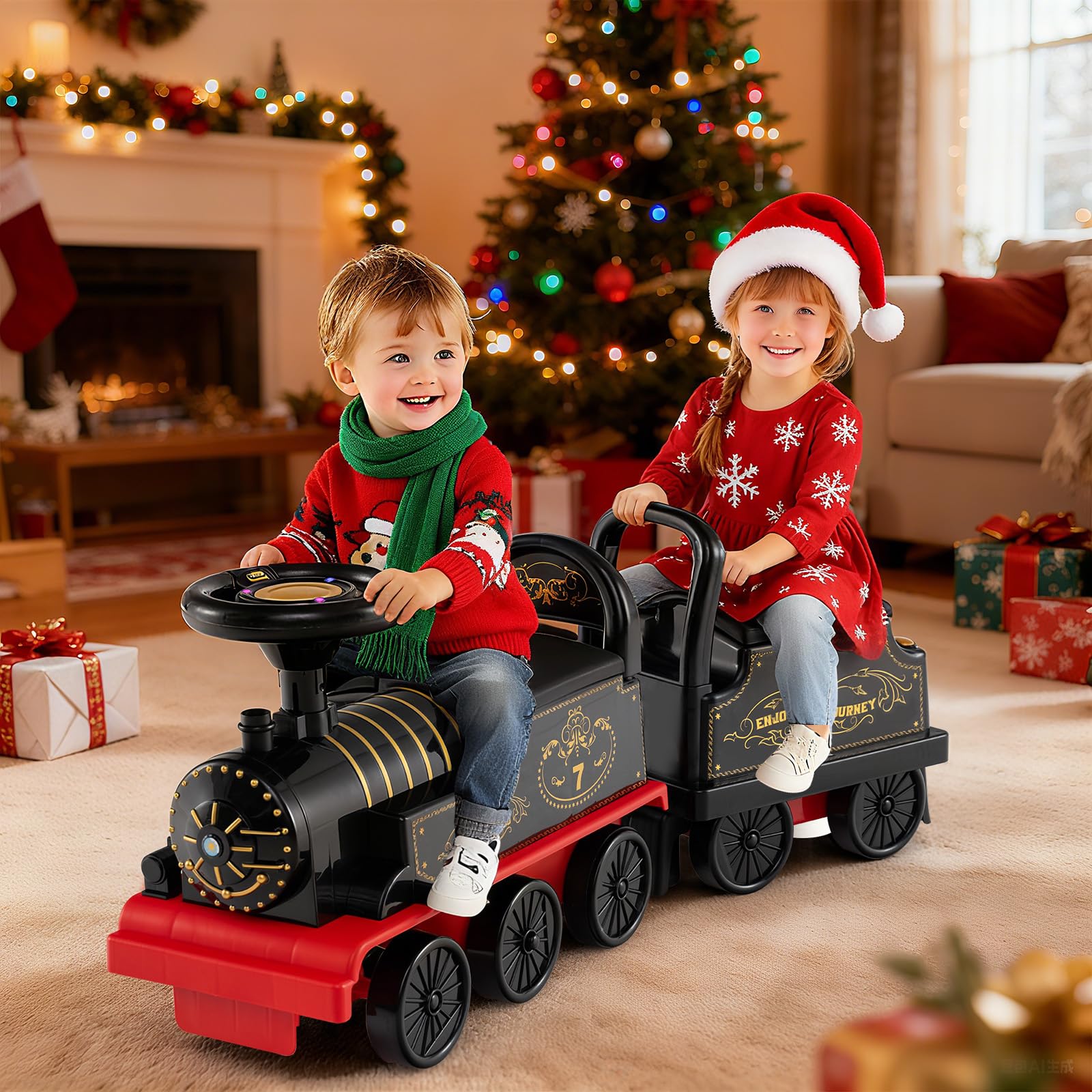 COSTWAY Trenino Elettrico con Vagone, 6V Giocattolo Elettrico a Batteria con Contenitore, Poggiapiedi Estraibili, Musica e Luci LED, Auto Elettrica per Bambini 18+ Mesi