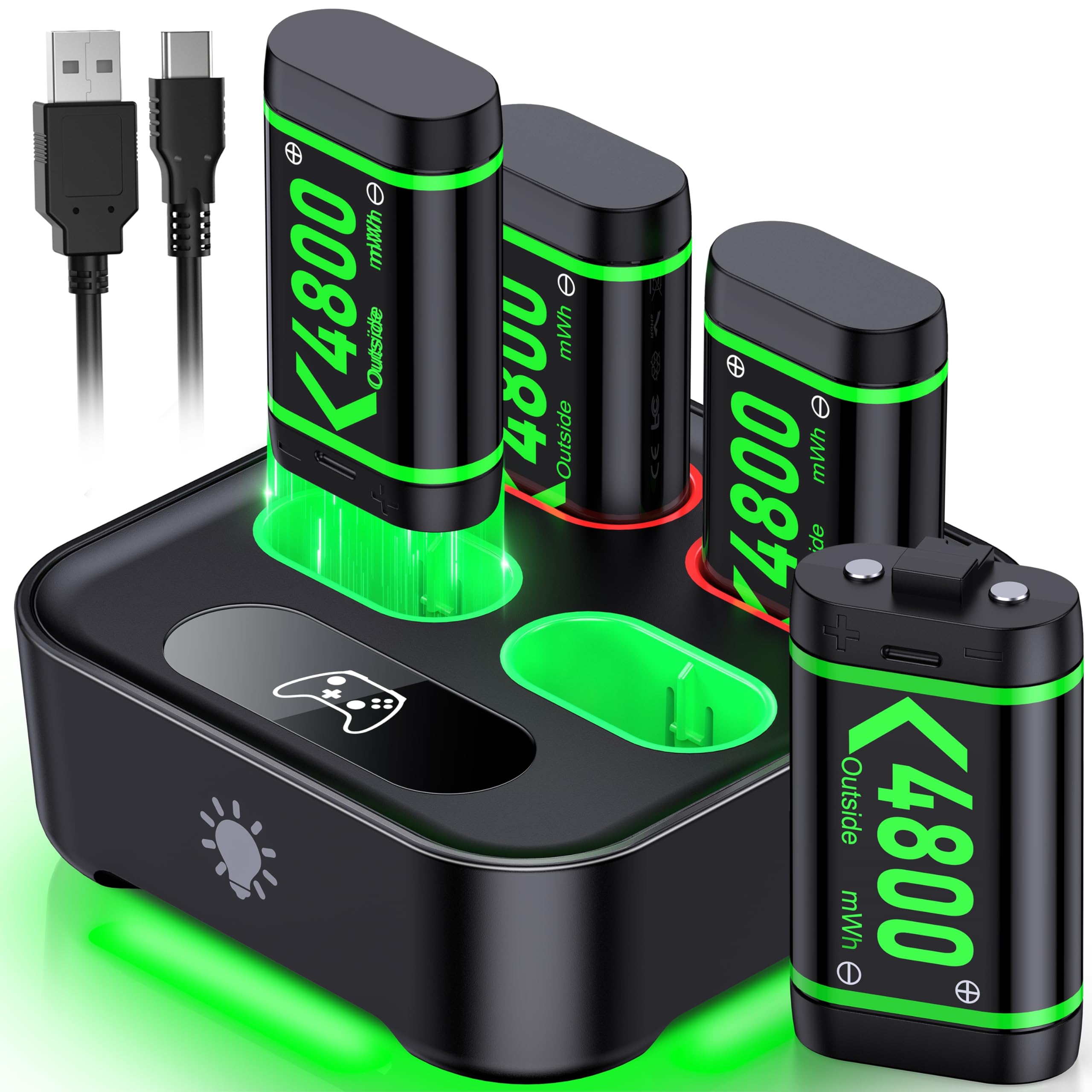 Upgraded Fast Charging Rechargeable Battery Packs with Light Control, 4 x 4800mWh Xbox Controller Batteries with Charger Dock for Xbox Series X|S, One S/X/Elite Controllers,Cases and Storage Sets