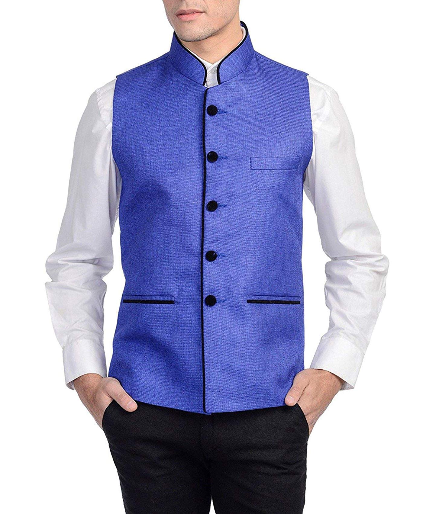 vastraa fusion Men's Blended Bandhgala Festive Nehru Jacket/Waistcoat/Vest - Blue-picture-3