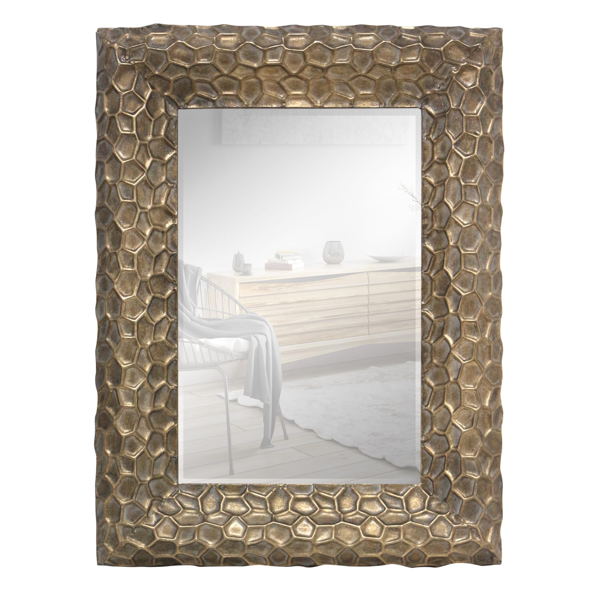 Espejo Rectangular de Metal Oro Patinado Filipinas, 60x80 cm Exterior | Luna Biselada, Para Salón, Baño y Entradita.