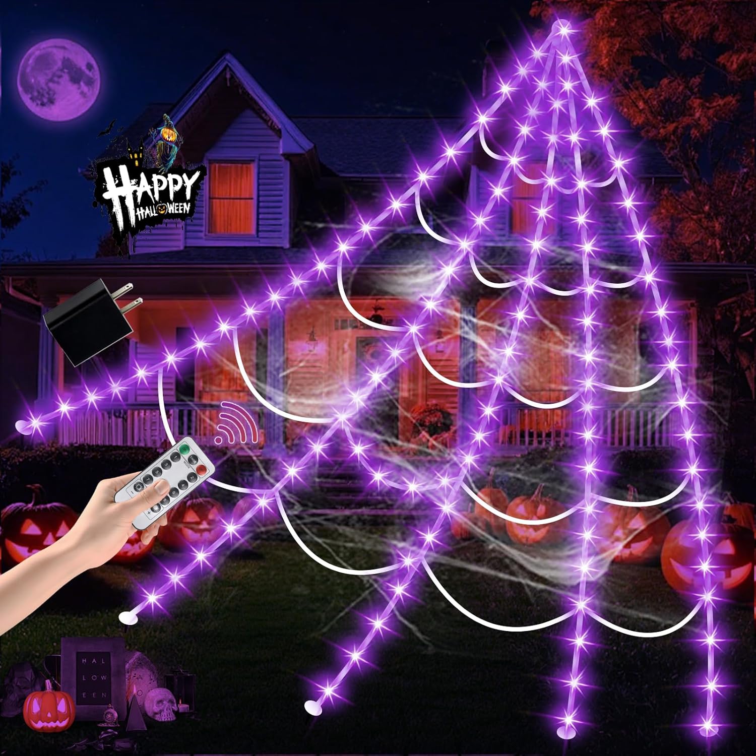 Halloween Decorations Outdoor, Spider Web Lights 250 LED Lighted Spider Web 16.4Ft Giant Halloween Decorations Light up, 8 Lighting Modes Waterproof & Timer for Indoor Haunted House Yard Decor, Purple Abstract