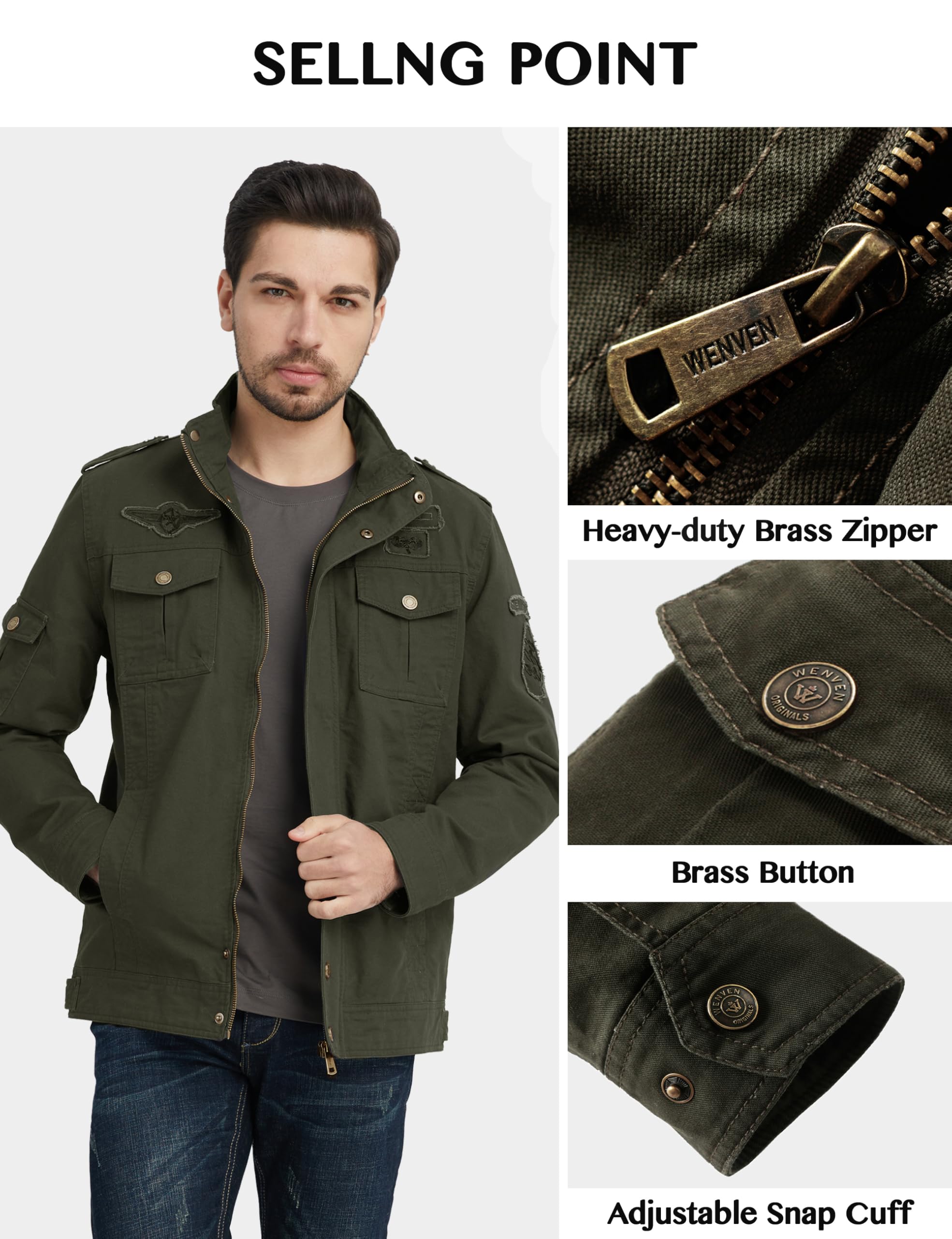 WenVen Giacca da Uomo Classica in Cotone Giubbotto con Zip Antivento Cappotto Casual Tempo Libero Giaccone Leggera Autunnale Uomo