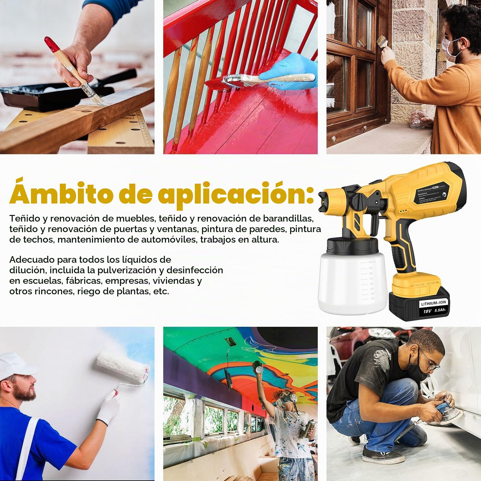Pistola de Pintura Eléctrica con 2 x 5500mAh Batería, ASUNCELL Pistolas para Pinturas de Flujo Ajustable de 1000ml para Vallas, Paredes, Techos, 4 Boquillas y 3 Modelos (Amarillo)