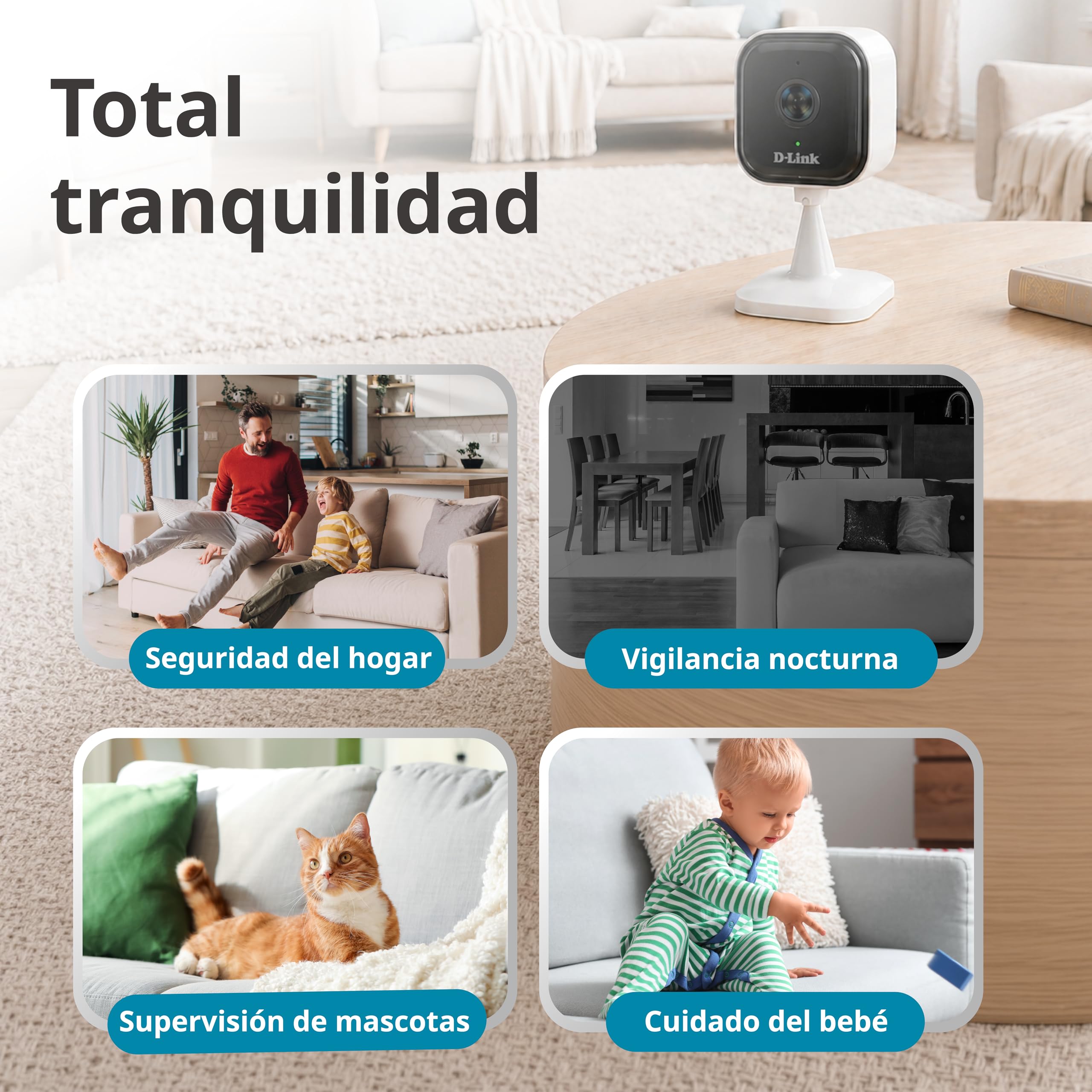 D-Link DCS-6013 Cámara Wi-Fi Interior 2K, Cámara de Seguridad 3MP con Detección Inteligente de Personas, Visión Nocturna, Audio Bidireccional, Alexa y Google
