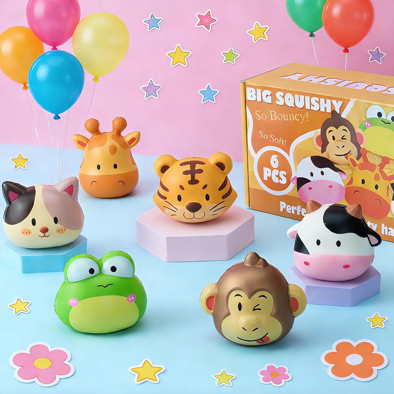 DMIGHT Party Favors for Kids 6PCS Large Animal Squishy Toys, Stress Balls Goodie Bag Stuffers, Pinata Stuffers,Birthday Gifts for Boys & Girls,Treasure Chest Prizes,Classroom Prizes for Kids