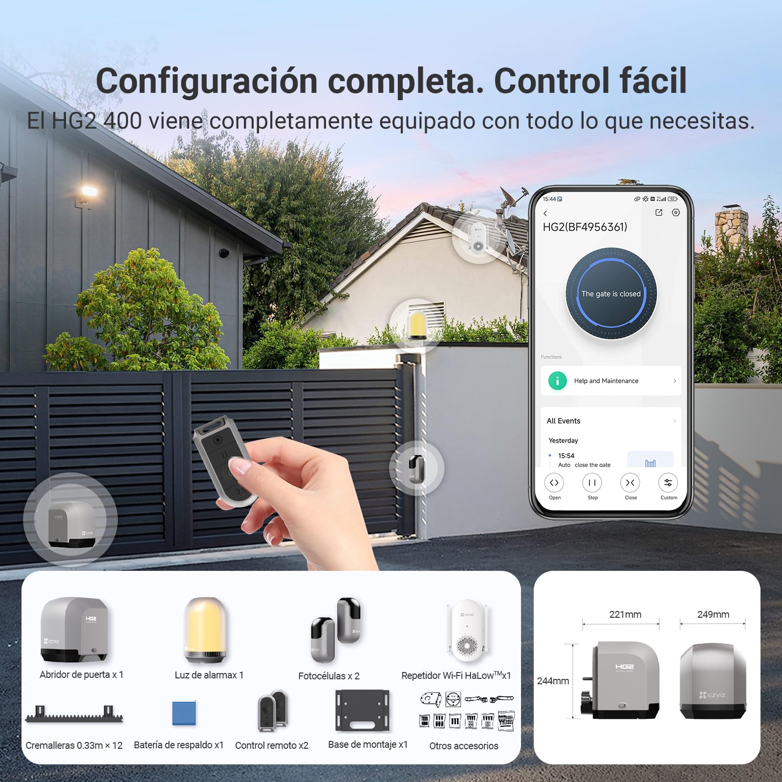 EZVIZ Motor Puertas Correderas Exterior 400 kg, con 4 Metros Cremallera de Nailon y Acero, Dos Mandos a distancia, una Luz de Alarma, Wi-Fi/Bluetooth, Instalación de dos cables, Impermeable, HG2 400
