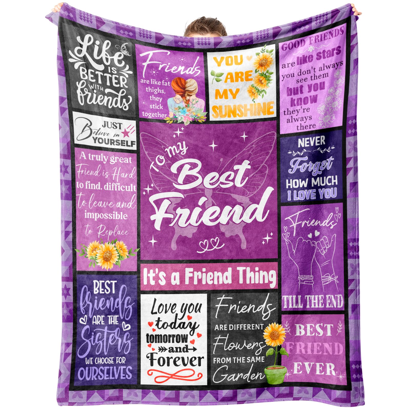 Best Friend Birthday Gifts for Women, Best Friend Throw Blanket 150x130cm, Soft Cozy Friendship Blanket for Bestie Soul Sister, Birthday Christmas Gift for Her