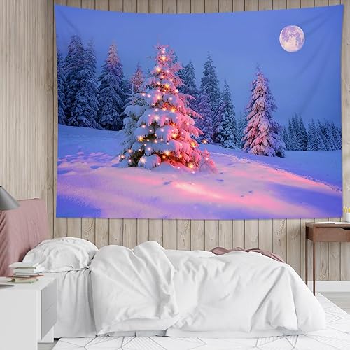 Miniatura 10 de LB Tapiz de perro de bosque de invierno, tapiz de pared cubierto de pino de Navidad con nieve rosa para dormitorio, paisaje natural morado, tapiz