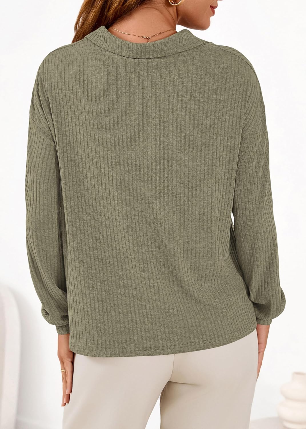 KIRUNDO Long Sleeve Shirts for Women 2025 Fall Fashion Outfits Going Out Tops Collar V Neck Blouses Ribbed Knit Loose Tunic - Image 2