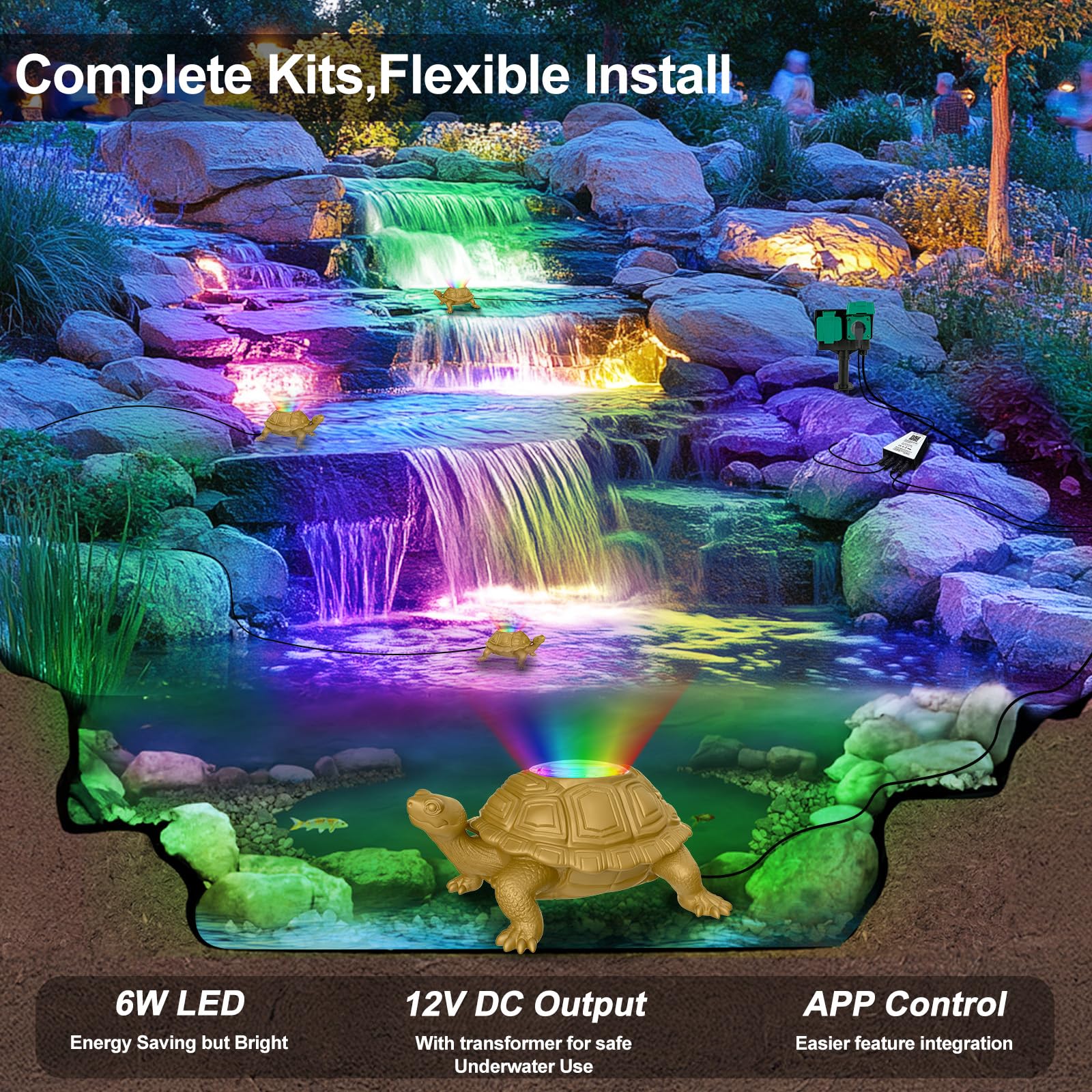 Teichlampen Unterwasser mit 12V Transformator und Timer,6W Teichbeleuchtung LED Unterwasser mit APP-Kontrolle, Teichbeleuchtung IP68 Wasserdichte für Wasserfall Brunnen Wasserspiel, Set 4