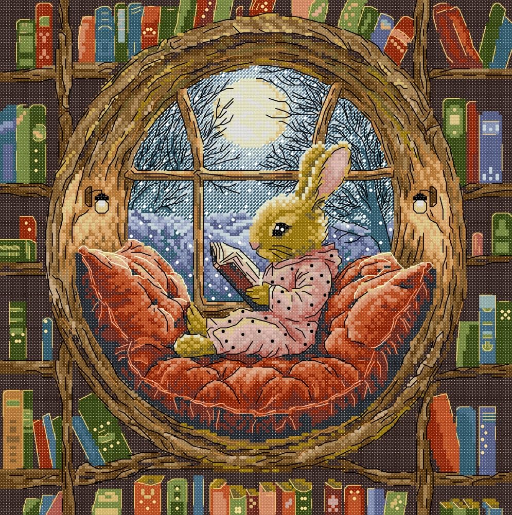 Awesocrafts Cross Stitch Stamped Kits The Little Rabbit in the Library Easy Patterns Cross Stitching Embroidery Needlework Kit Supplies 14CT 2 Strands