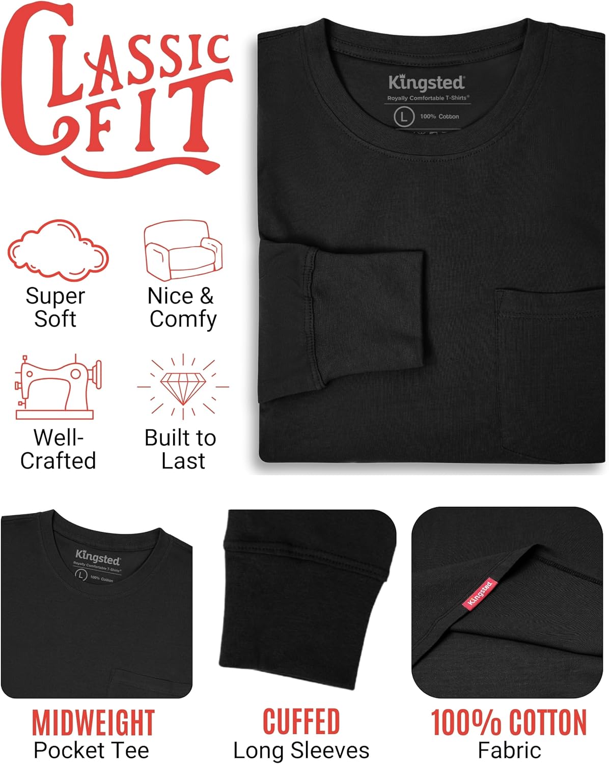 Kingsted Long Sleeve Pocket T-Shirts for Men - Super Soft 100% Midweight Cotton - Well-Crafted Classic Comfort Fit