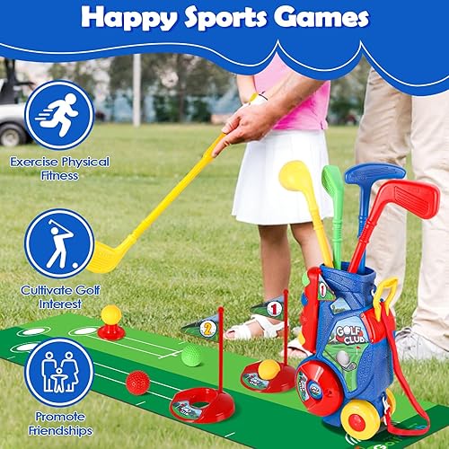 Miniatura 6 de SUPER JOY Juego de Golf para Niños Pequeños con Alfombra, Carrito de Golf para Niños con 4 Palos y 8 Pelotas, Juguetes de Golf de Interior y