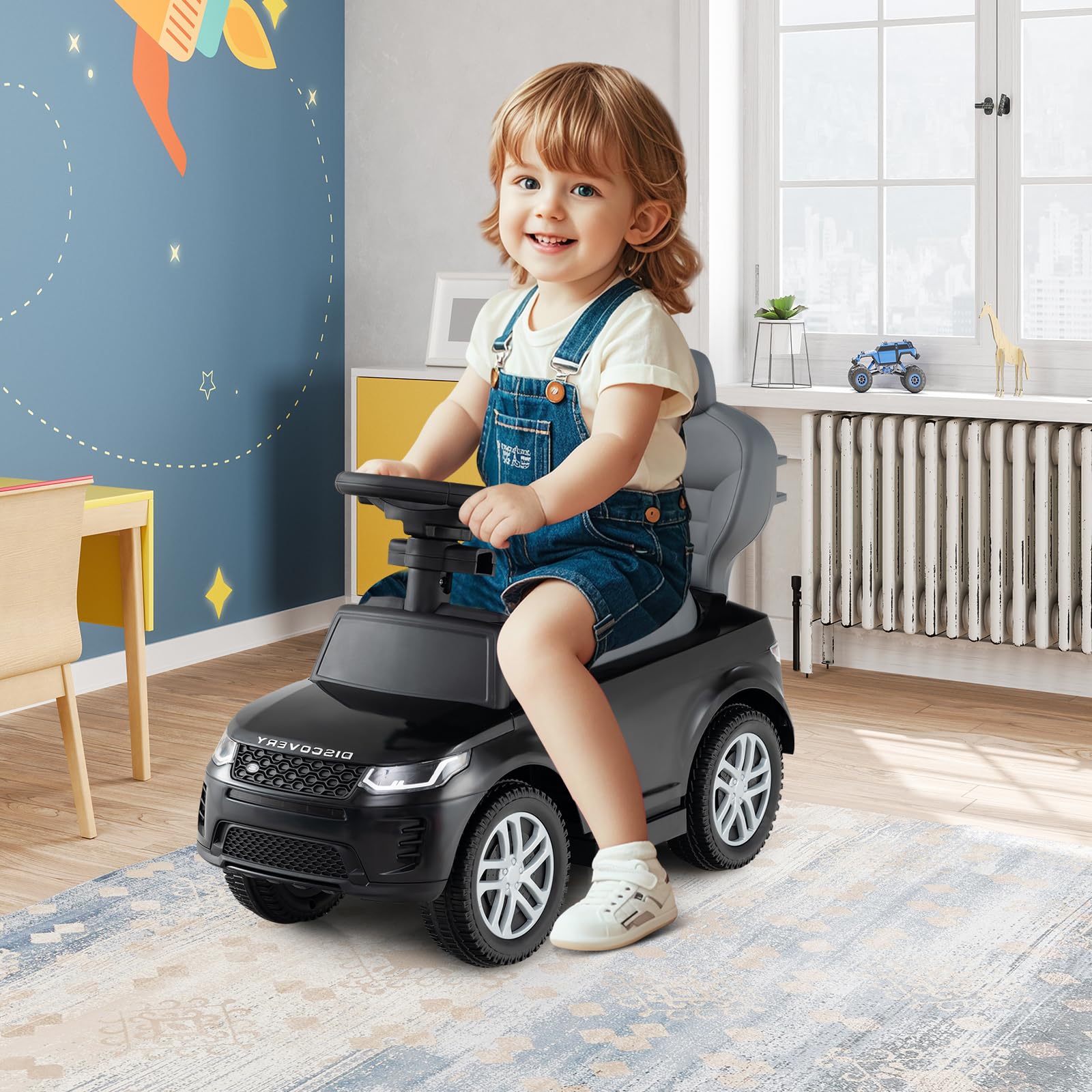 SOARS 3 in 1 Land Rover Rutschauto, Rutschfahrzeug mit Abnehmbarer Schiebstange, verstellbarem Schutzbügel, einklappbaren Fußstützen, Hupe, Stauraum, Spielzeugauto für Kinder ab 1 Jahr (Schwarz)