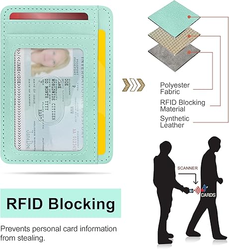 Miniatura 6 de CONISY Portatarjetas delgado para mujer, bolsillo frontal delgado de cuero con bloqueo RFID (verde menta)