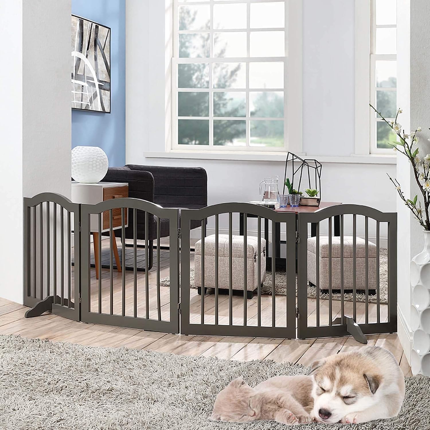 unipaws Freestanding Dog Gate with 2pcs Support Feet, Foldable Pet Gate for Stairs, Decorative Indoor Pet Barrier with Arched Top, Grey (4 Panels, 20 inches Wide, 24 inches High)