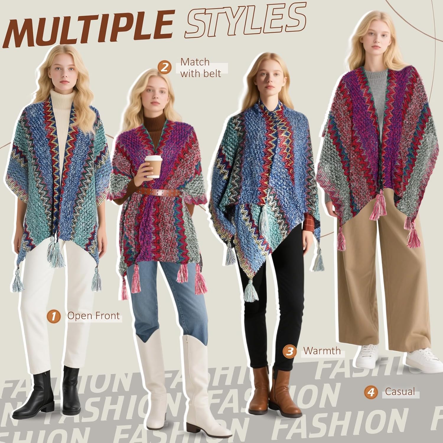 2 Pcs Women's Knit Vintage Ethnic Tassel Stripe Poncho Knitted Shawl Wrap Open Front Poncho Cardigan Kimono with Fringe for Fall Winter Casual Loose Fringe Blanket Scarf Coat Wedding Gift - Image 6